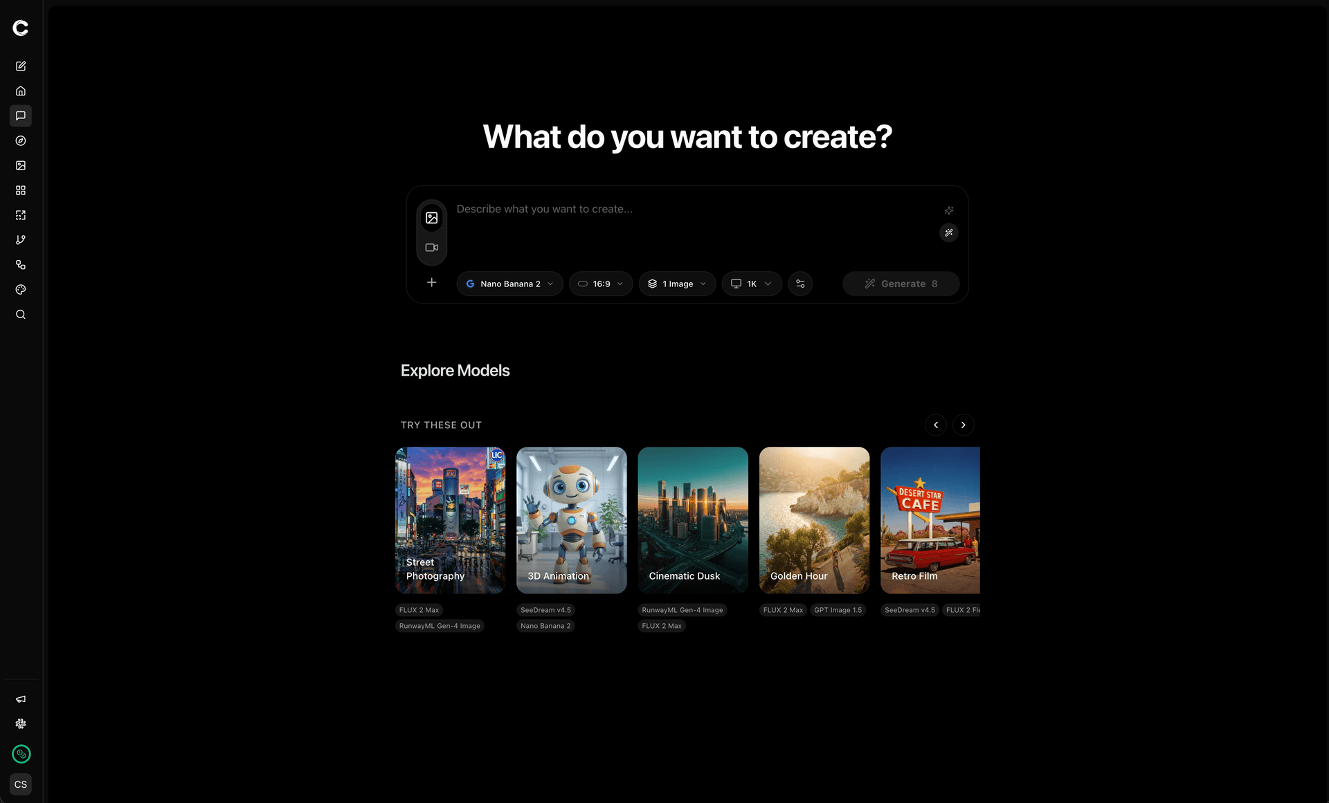 Open Canva workspace — prompt input, model carousel, and generation canvas
