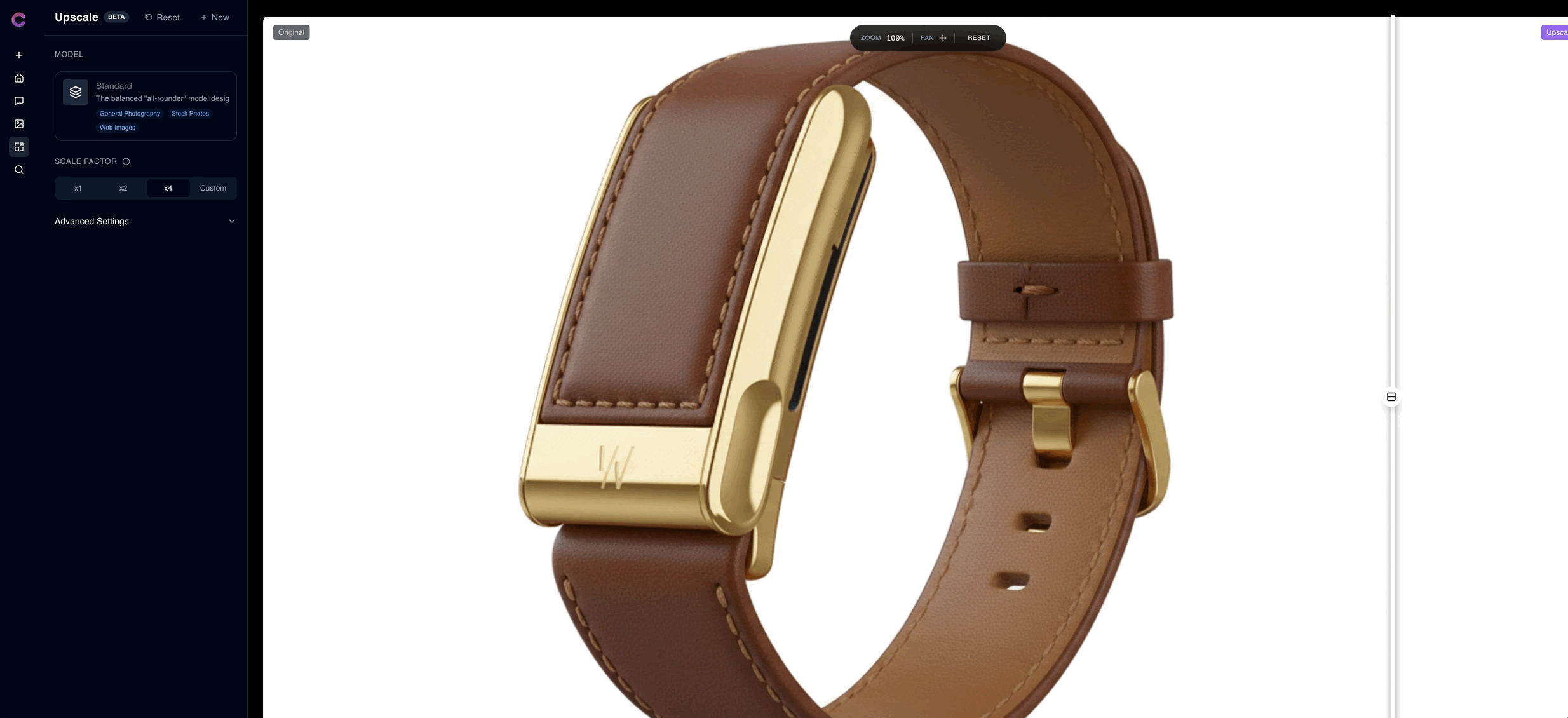 AI upscaler — before and after comparison of enhanced image detail